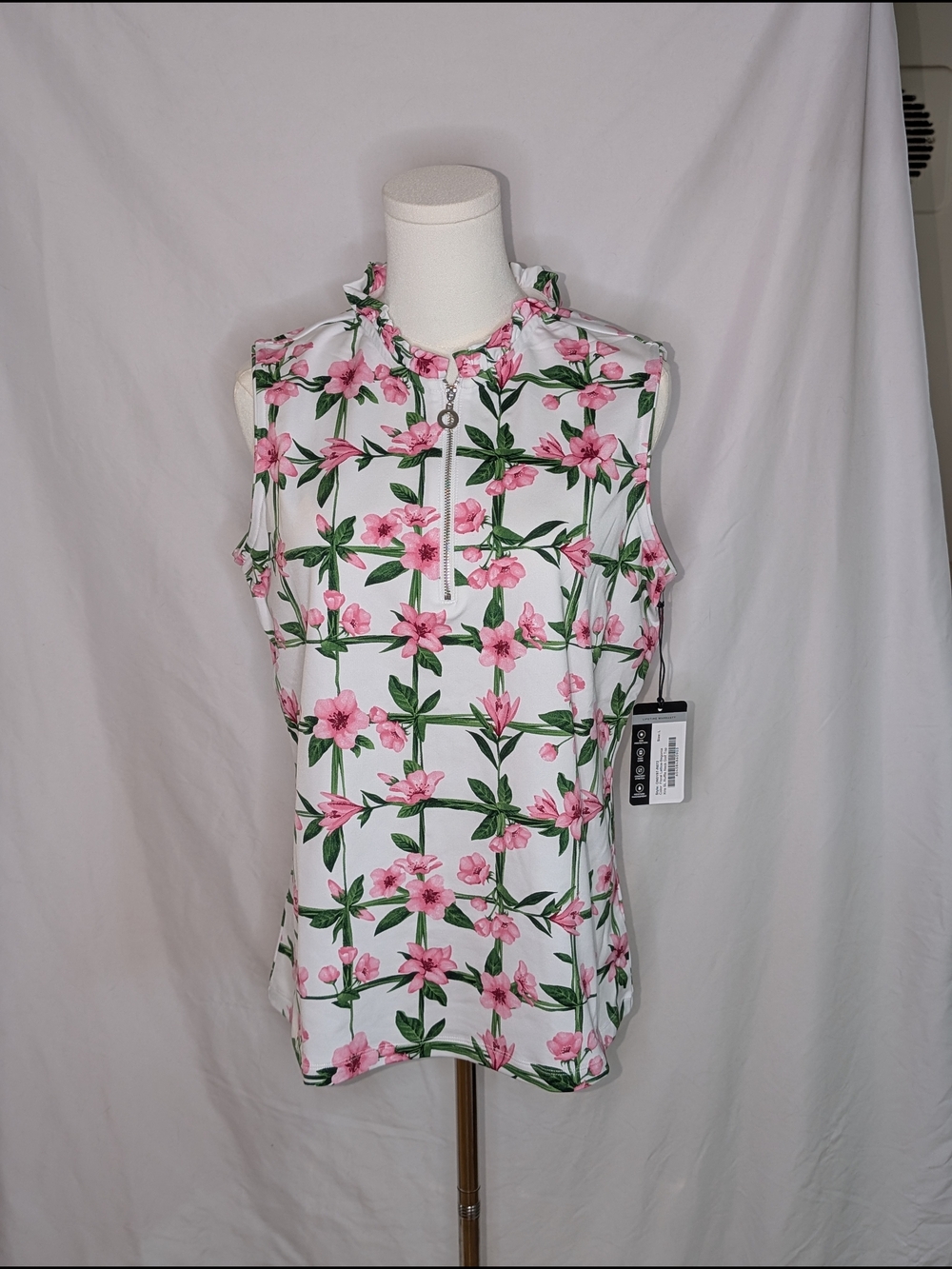 Tail Sleeveless Golf Pink Floral Zip-Front Women's Top Ruffle Collar NWT Large
